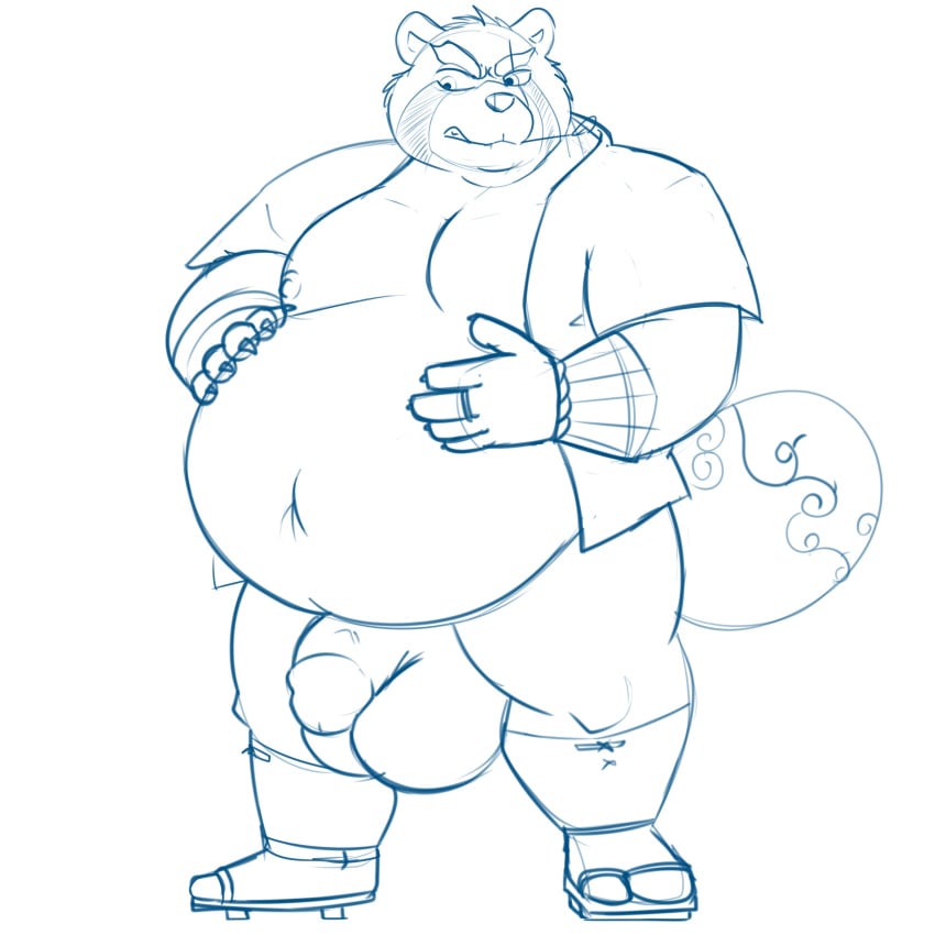 2019 anthro balls belly big_balls canid canine clothed clothing fatdoodlewuff flaccid footwear gyobu hi_res humanoid_hands humanoid_penis male male_only mammal moobs navel nipples open_shirt overweight overweight_male penis raccoon_dog sandals scar shirt solo tanuki tokyo_afterschool_summoners topwear video_games