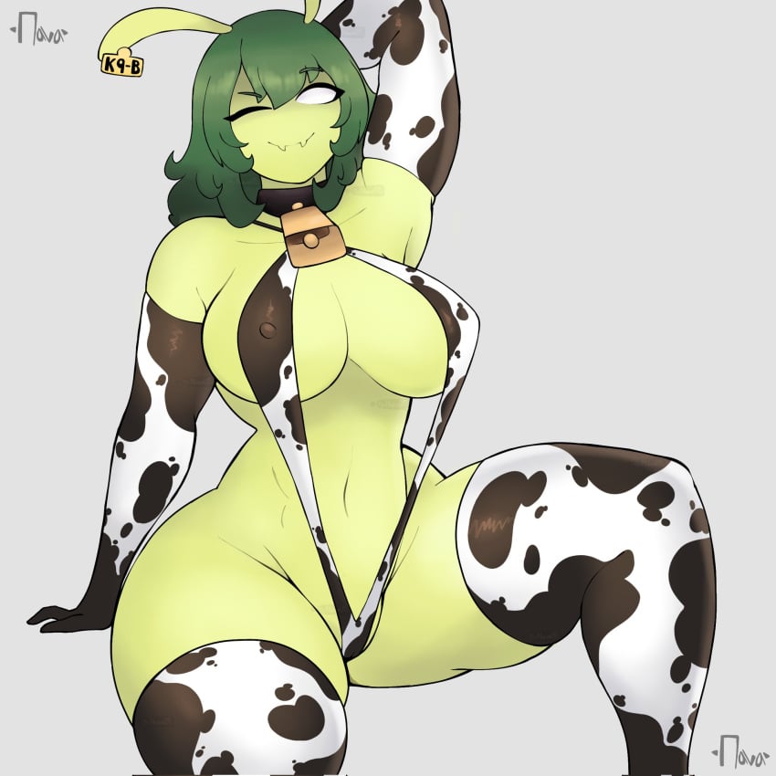 big_ass big_breasts big_thighs cow_bikini cow_print cow_print_bikini cowbell green_hair green_skin keltty_(srnava) sling_bikini srnava