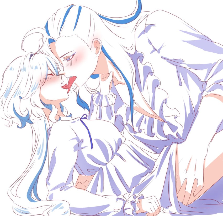 1boy 1girls ahoge blue_hair blush boy_on_top closed_eyes cowlick duo french_kiss french_kissing frilled_nightgown furina_(genshin_impact) genshin_impact hair_over_one_eye hand_on_another&#039;s_thigh hand_under_clothes hand_under_skirt highres kissing kissing leaning_back light_blue_hair long_hair long_sleeves long_tongue multicolored_hair naysucc neuvillette_(genshin_impact) nightgown open_mouth ribbon saliva streaked_hair tongue tongue_out two_tone_hair v-neck white_background white_hair white_nightgown white_sleeves