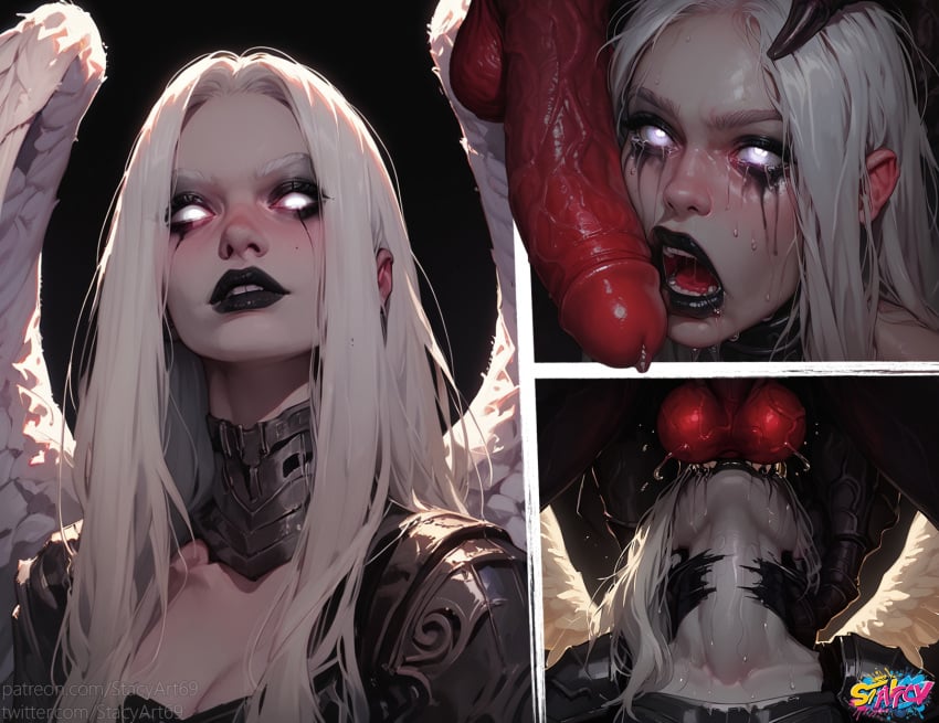 2d 4koma ai_generated angel angel_wings armor armored_female avacyn before_and_after black_lipstick crying deepthroat demon fellatio female glowing_eyes instant_loss irrumatio long_hair magic_the_gathering oral panels running_mascara runny_makeup stacyart69 tears white_eyes white_hair