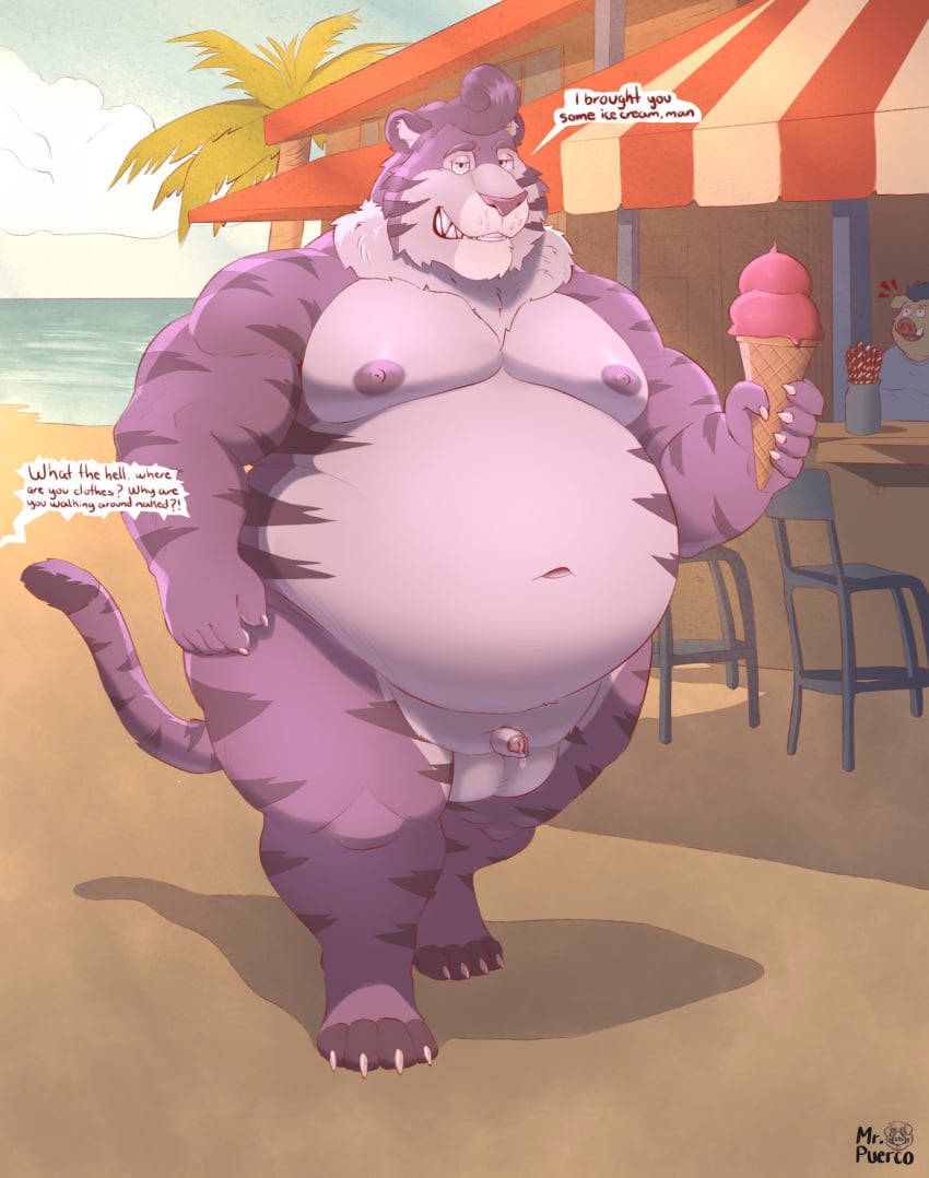 anthro balls beach belly claws cloud dessert dialogue exhibitionism felid food genitals hi_res ice_cream male mammal manly mr.puerco nude overweight overweight_anthro overweight_male pantherine penis public public_nudity sand sea sky small_penis solo speech_bubble suid suina sus_(pig) tail tiger water wild_boar