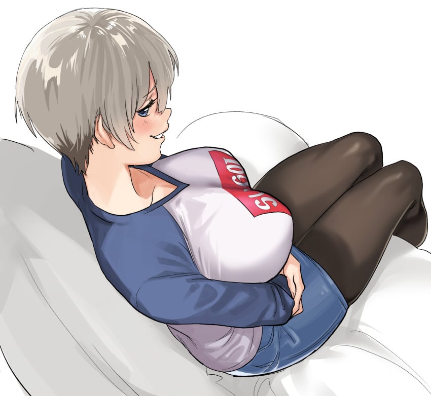 bangs bed black_legwear black_pantyhose blue_eyes blush breasts clothing denim denim_skirt female from_behind grey_hair hair_between_eyes huge_breasts kukumomo large_breasts legwear long_sleeves looking_at_viewer looking_back lying nape on_bed pantyhose raglan_sleeves romaji_text shirt short_hair shorts simple_background sitting skirt smile smug solo thighs uzaki-chan_wa_asobitai! uzaki_hana white_background white_hair