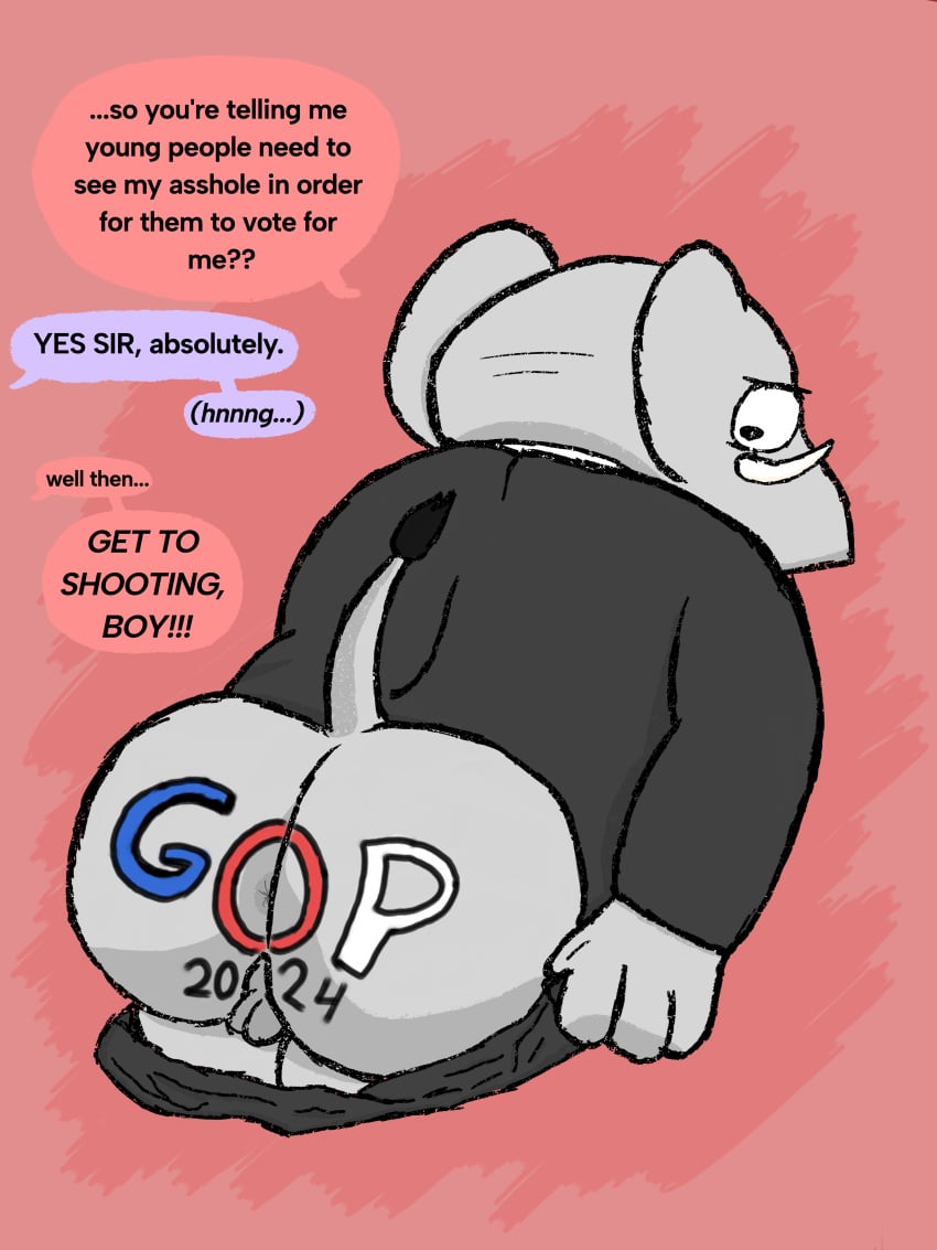 absurd_res anthro ass balls clothed clothing elephant elephantid genitals george_o._pillsburry hi_res humor looking_back maga male mammal mars_zero overweight politics proboscidean pulling_down_pants rear_view republican republican_elephant simple_background solo solo_focus suit tail text trunk tusks