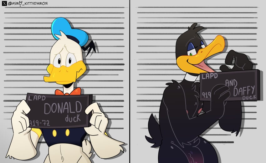 2024 2boys anthro black_body black_fur black_skin daffy_duck disney donald_duck duck furry gay looney_tunes male mr_smilingdevil penis suggestive vein veiny_penis warner_brothers white_body white_fur white_skin yaoi