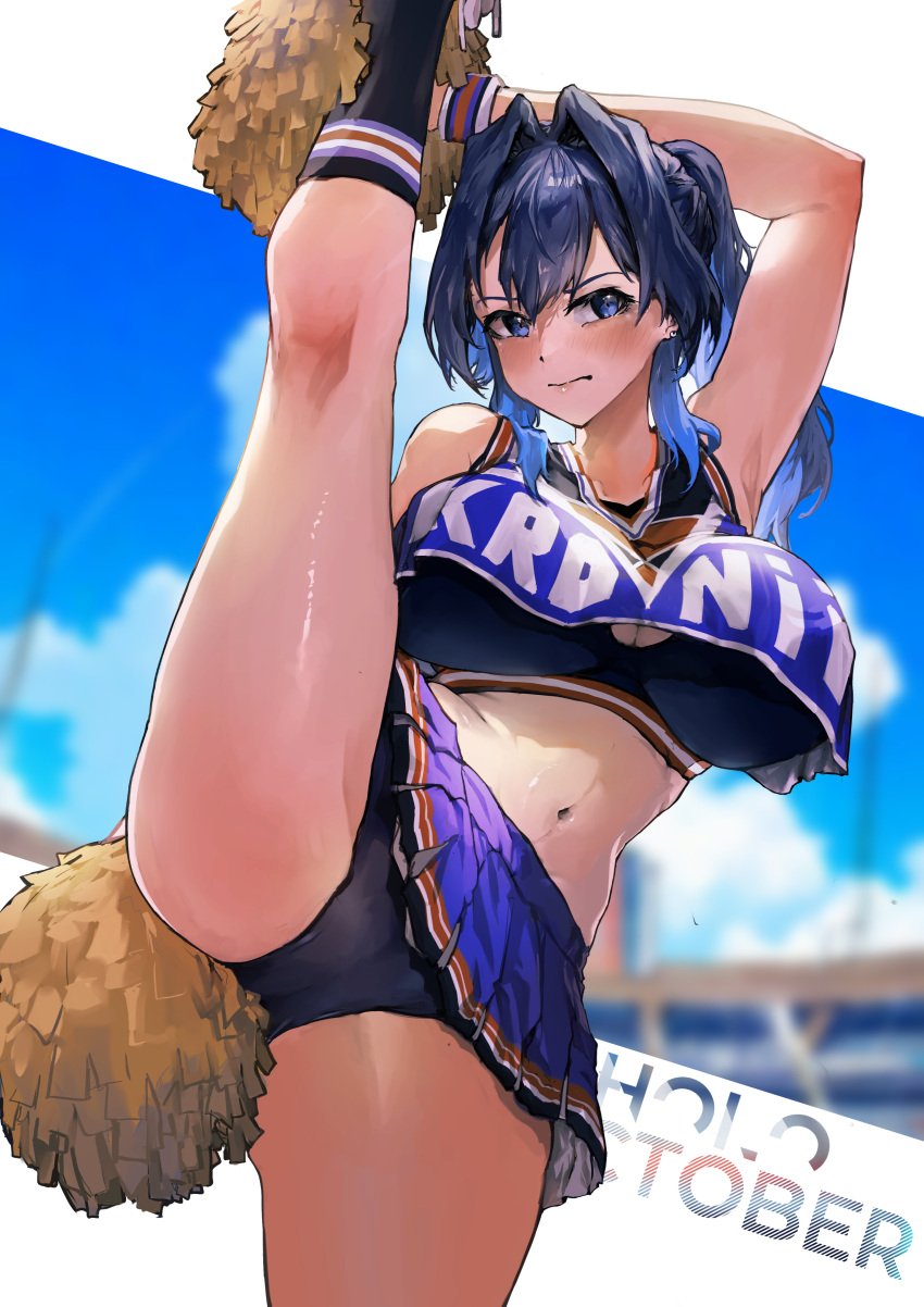 1girls belly_button black_panties blue_eyes blue_hair blush breasts cheerleader_uniform female female_only hololive hololive_english hololive_english_-promise- huge_breasts light-skinned_female light_skin ouro_kronii outdoors panties pom_pom_(cheerleading) skirt solo virtual_youtuber vyragami