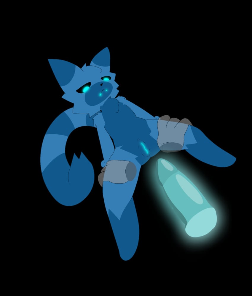 anthro blue_body blue_eyes blue_skin cat_tail cub cube_head felid feline female feral furroneta genitals hair hi_res mammal neon neon_eyes penis simple_eyes simple_face solo young