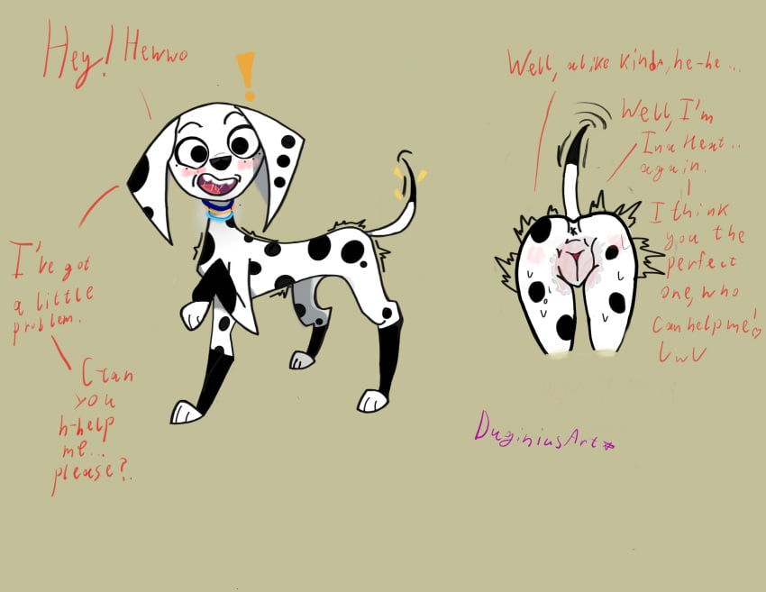 101_dalmatian_street 101_dalmatians absurd_res animal_genitalia animal_pussy bodily_fluids canid canine canine_genitalia canine_pussy canis comic dalmatian dialogue digital_media_(artwork) disney dolly_(101_dalmatians) domestic_dog duginiusart english_text female female_feral feral feral_only fur genital_fluids genitals hi_res in_heat looking_at_viewer mammal pussy solo solo_in_panel text vaginal_fluids wet white_body white_fur