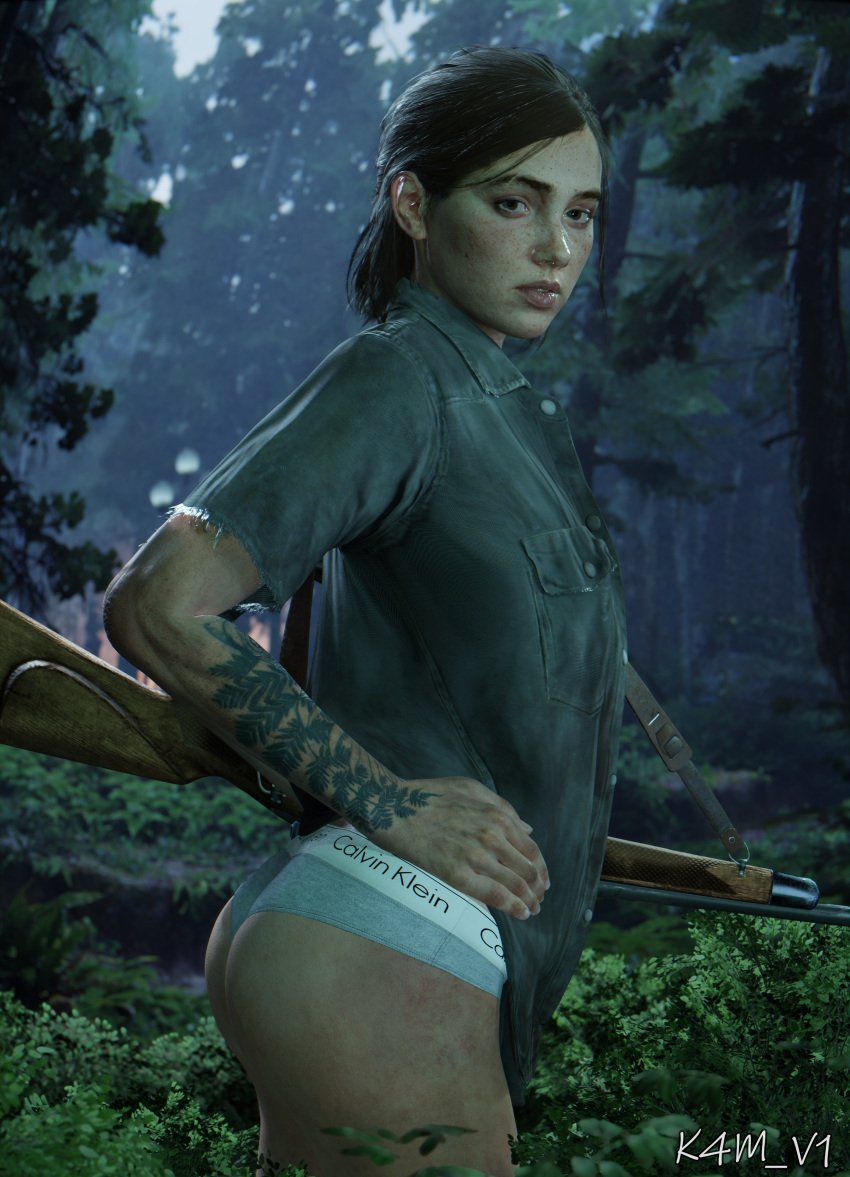 1girls calvin_klein ellie_(the_last_of_us) ellie_williams green_eyes gun hands_on_hips looking_at_viewer public rifle solo tagme tattoo the_last_of_us the_last_of_us_2 thong