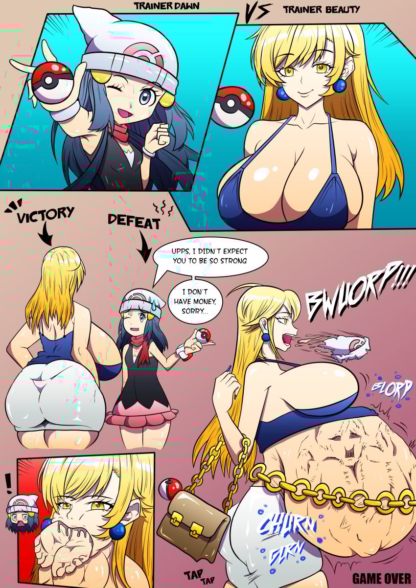beauty_(pokemon) beauty_(pokemon_dppt) big_breasts blue_nail_polish burp burping burping_up_clothes carloshipolitux dawn_(pokemon) digesting_prey digestion head_first_vore instant_loss large_breasts long_fingernails npc_trainer pokemon pokemon_dppt same_size_vore uncaring_pred vore vore_belly