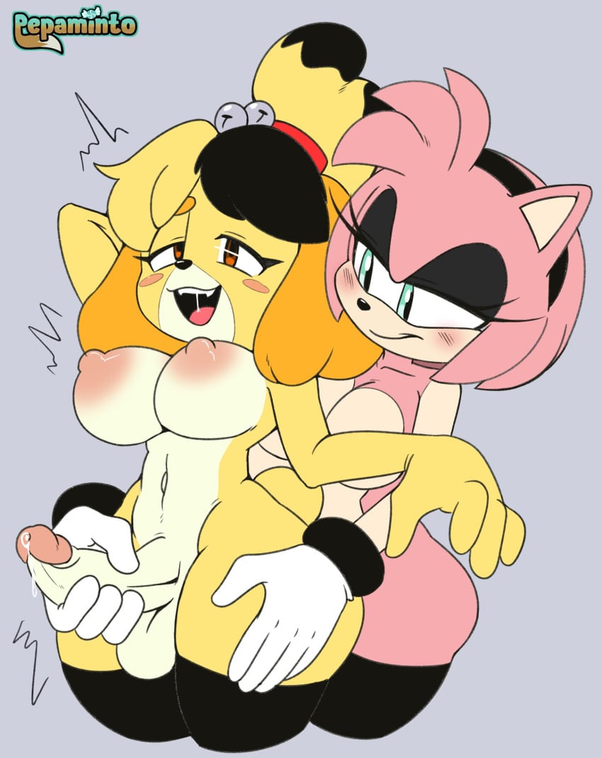 amy_rose animal_crossing anthro big_balls big_breasts big_penis doubutsu_no_mori from_behind furry futanari handjob isabelle_(animal_crossing) nintendo pepamintop sega shizue_(doubutsu_no_mori) sonic_(series) wide_hips