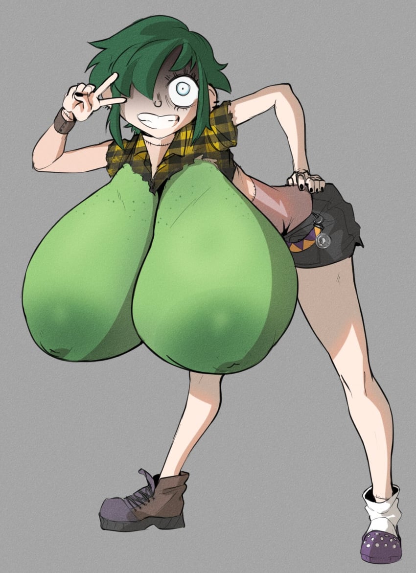 1girls body_part_swap breasts cantankeravian female ghoul green_hair huge_breasts original_character peace_sign snail_(cantankeravian) stitches top_heavy