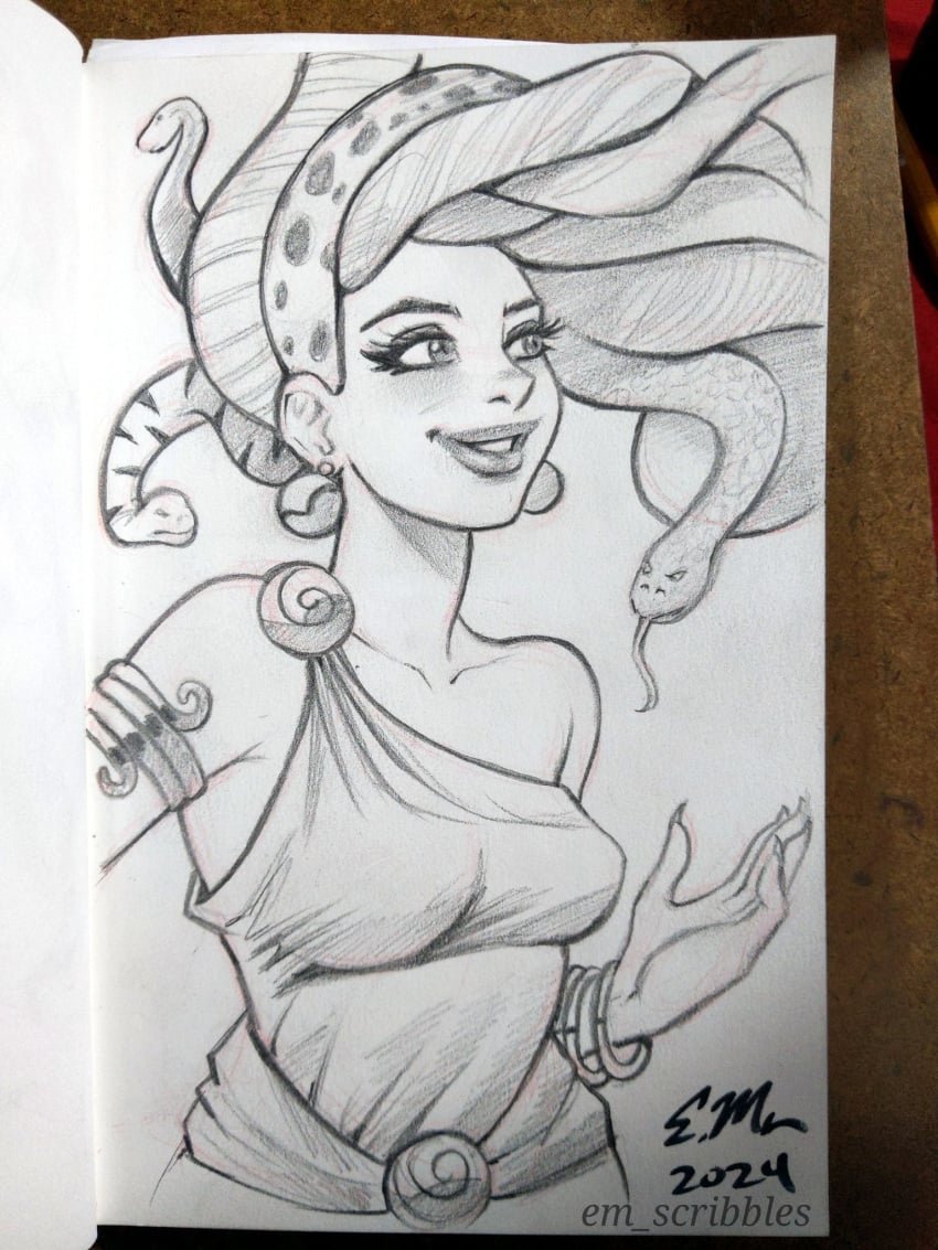 big_breasts bracelet bracelets breasts bust curvy curvy_body curvy_female curvy_figure em_scribbles gorgon greek_clothes greek_clothing greek_female greek_mythology lips lipstick medusa pencil_(artwork) robe robes sketch snake snakes tagme traditional_art