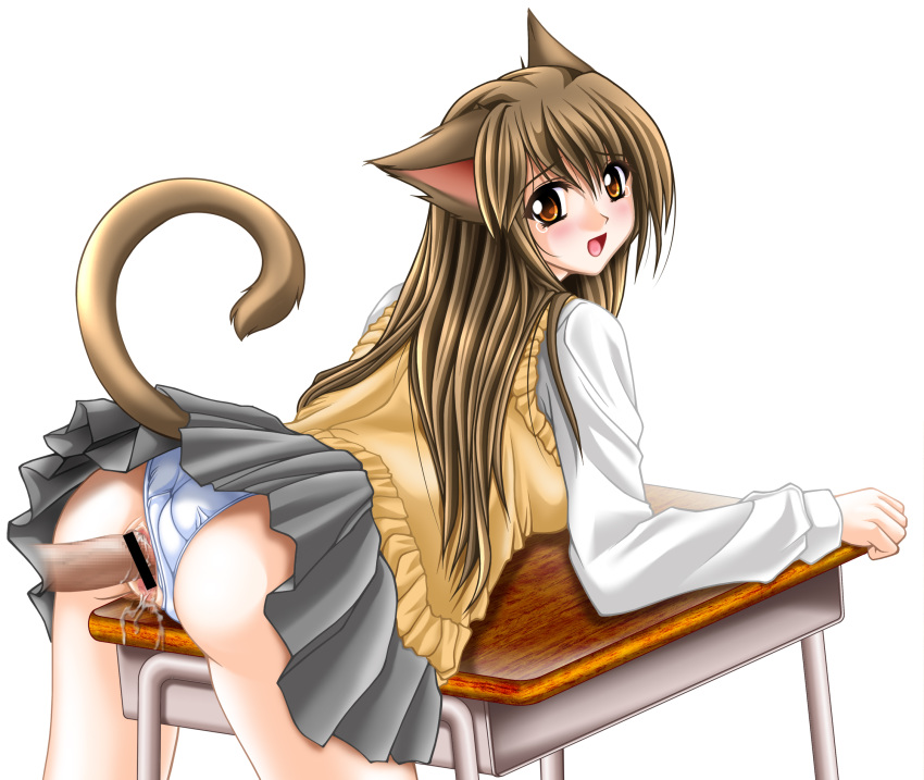 animal_ears bent_over blush brown_eyes cat_ears censored copyright_request cum cum_inside desk doggy_style highres long_hair looking_back panties panties_aside penis pointless_censoring pussy_juice school_uniform sea_lounge_garden serafuku sex skirt tail tears tomoya_kankurou underwear upskirt vest white_panties