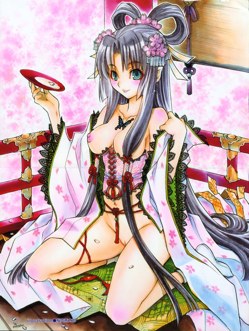 blue_eyes blue_hair blush bottomless breasts clothes comic_aun corset eyeshadow footwear hair highres illustration japanese_clothes kneeling long_hair makeup nipple no_panties pussy sakazuki sake sakuraniku_umatarou silver_hair socks tabi tongue very_long_hair