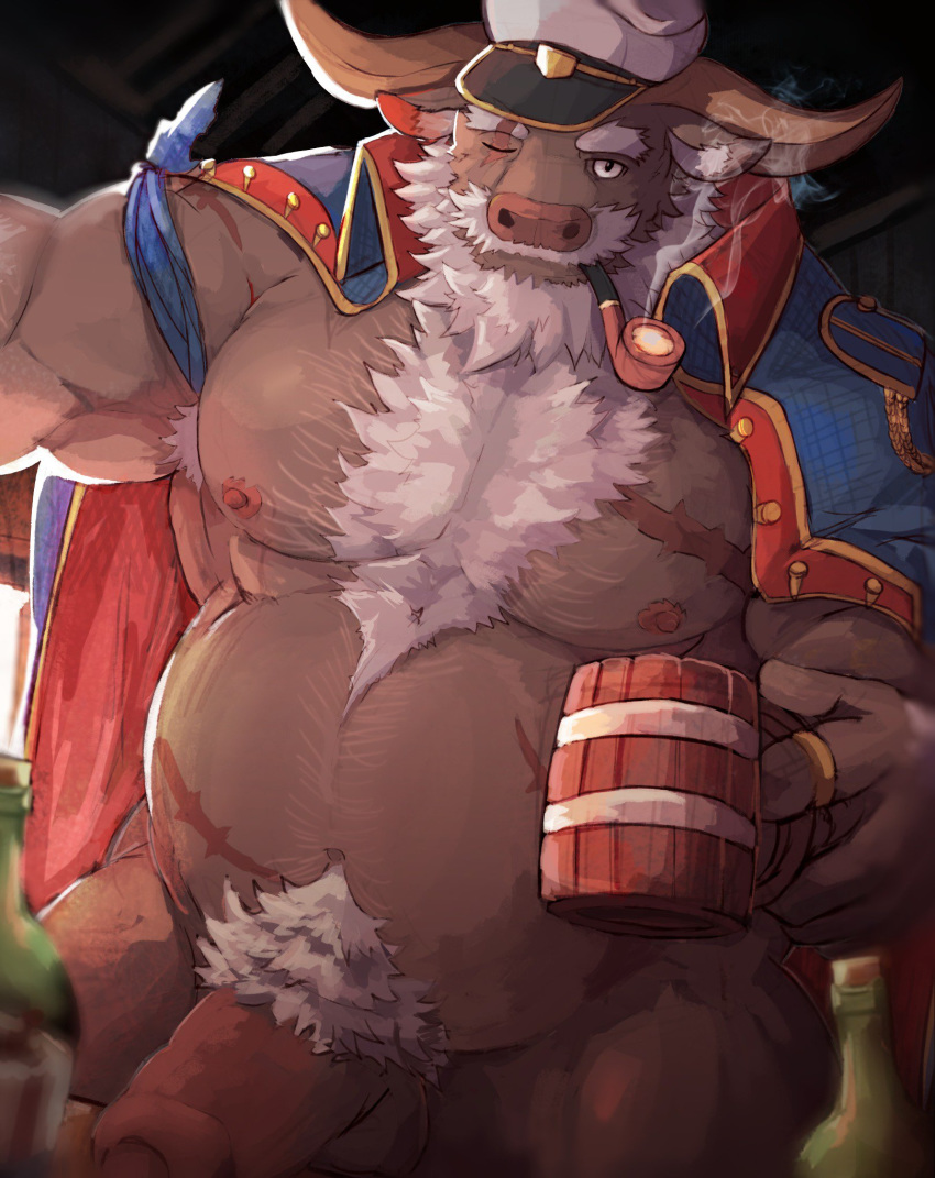 ahab_(tokyo_afterschool_summoners) alcohol armpit_hair beer belly beverage big_penis body_hair bovine captain fd-caro foreskin hat horn male male_only mammal musclegut nipples pecs penis pipe scar smoking tankard tokyo_afterschool_summoners true_buffalo video_games water_buffalo