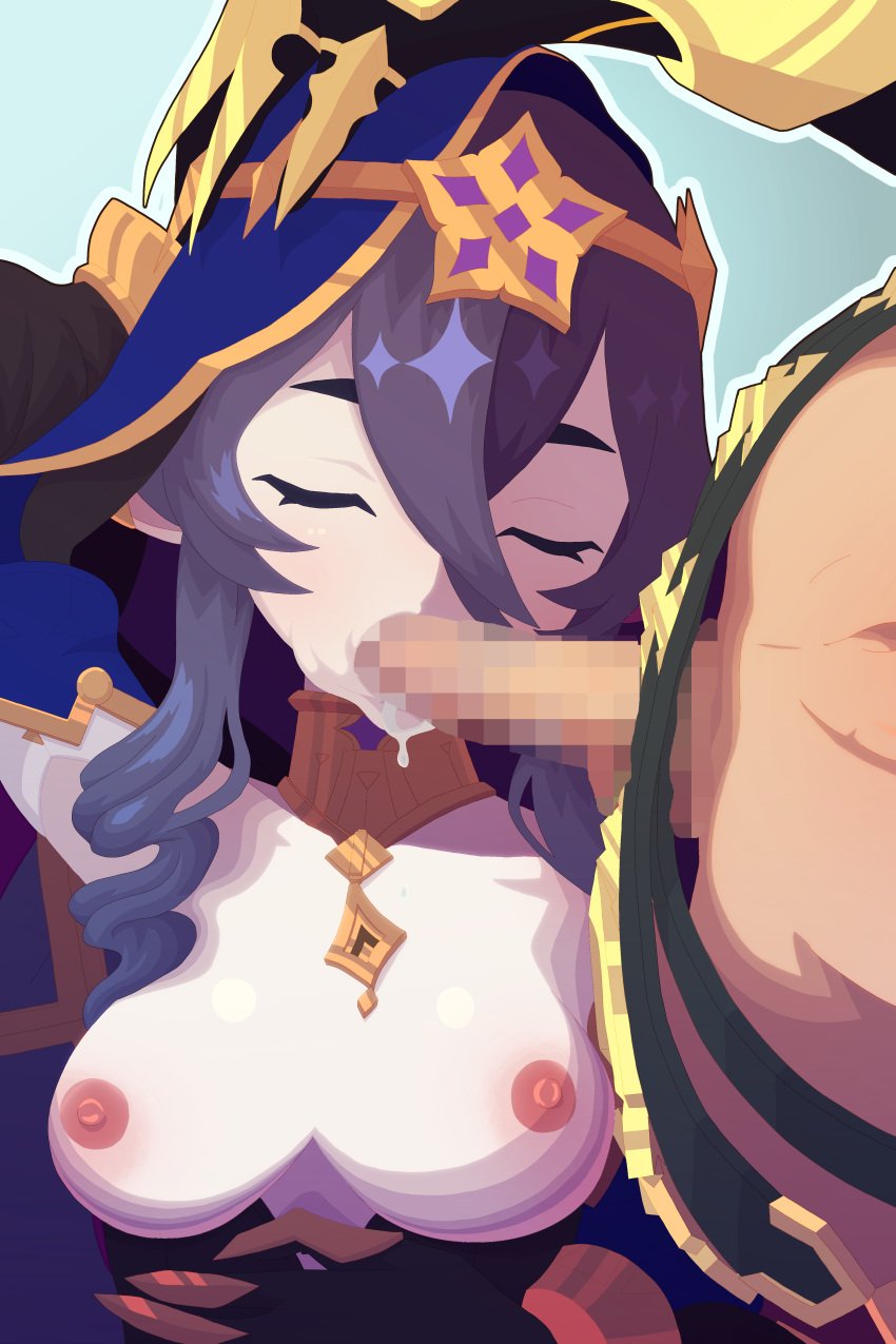 belt blue_hair boobs_out breasts closed_eyes clothed clothing dehya_(genshin_impact) dick female female/female futa_on_female futanari genshin_impact gloves head_hold intersex layla_(genshin_impact) mouth_full_of_cock oral penis sleep_molestation sleeping stomach video_games wet wet_penis