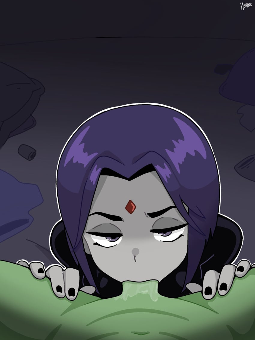 1boy absurdres all_the_way_to_the_base beast_boy_(dc) blowjob colored_skin dc_comics deepthroat fellatio female forehead_jewel fruithead grey_skin highres male navel oral penis pov purple_hair raven_(dc) short_hair straight teen_titans