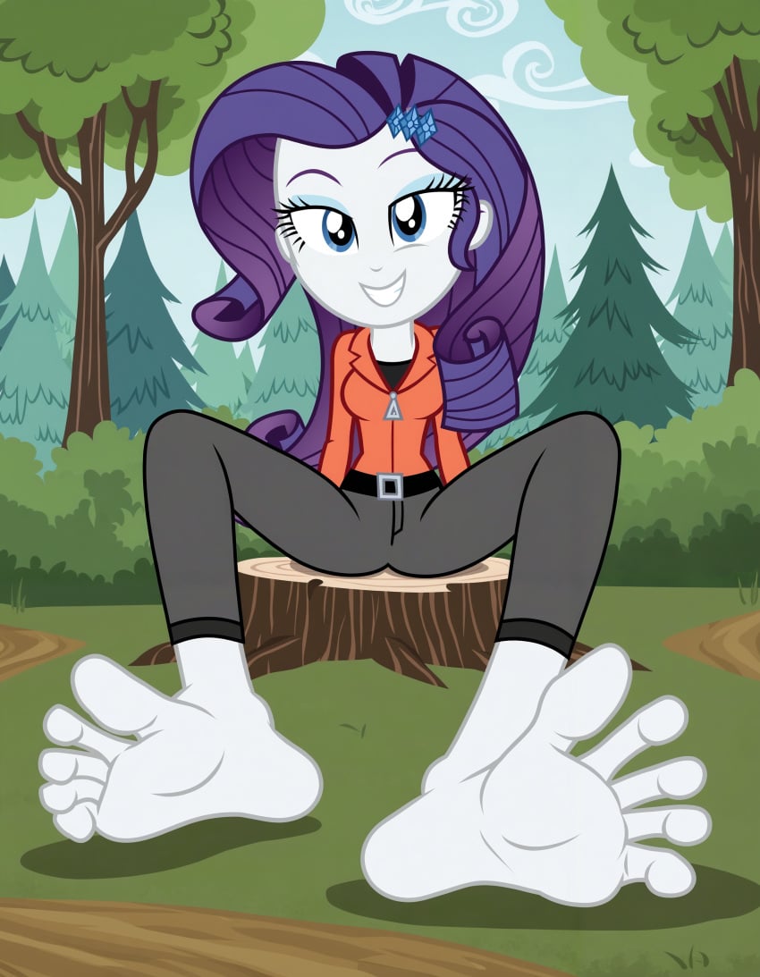 ai-assisted ai_generated dirt feet female foot_focus forest_background highres kimberlite_moonbow mlp_g4 mlpeg my_little_pony rarity_(eg) self-upload sexy smiling solo uncensored url