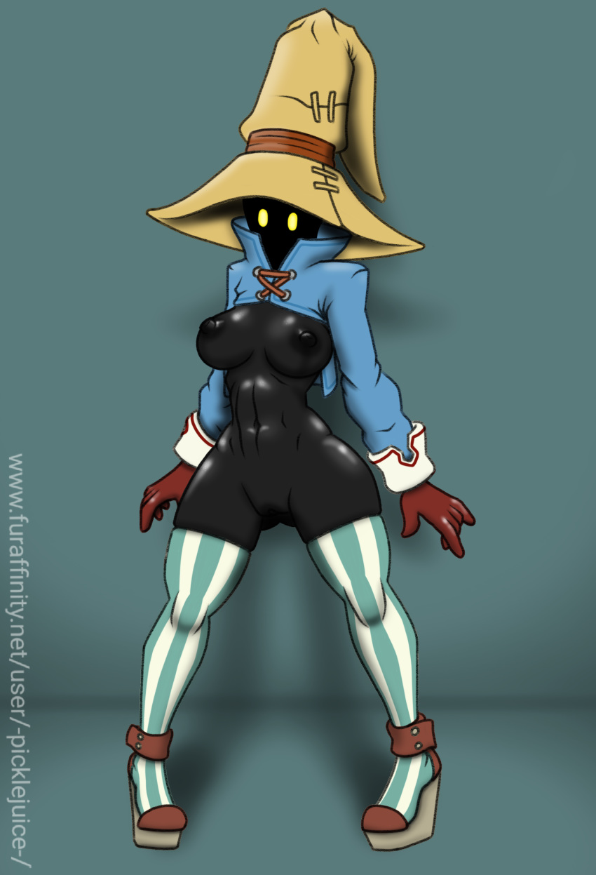 black_mage black_nipples black_skin clothed clothing female final_fantasy footwear high_heels humanoid legwear magic_user nipples pickle_juice rule_63 shoes simple_background skimpy socks solo square_enix thigh_highs thigh_socks video_games wedge_heels yellow_eyes