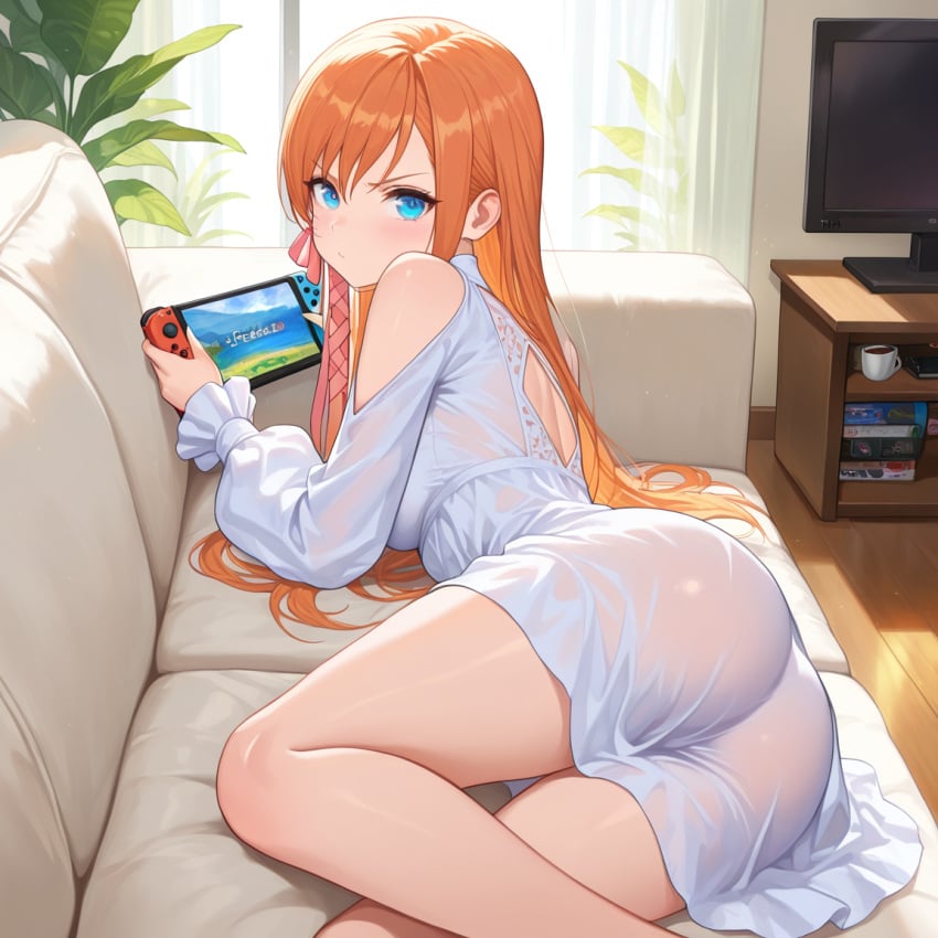 18yo ai_generated ass_focus bottomless c.c.leah dress_only female female_focus ffxiv final_fantasy final_fantasy_xiv laying_down laying_on_stomach minfilia no_bra outdoors petite petite_female playing_videogame ryne_waters see-through see-through_clothing shirt_only stray_pubic_hair transparent_clothing wet wet_clothes wet_skin
