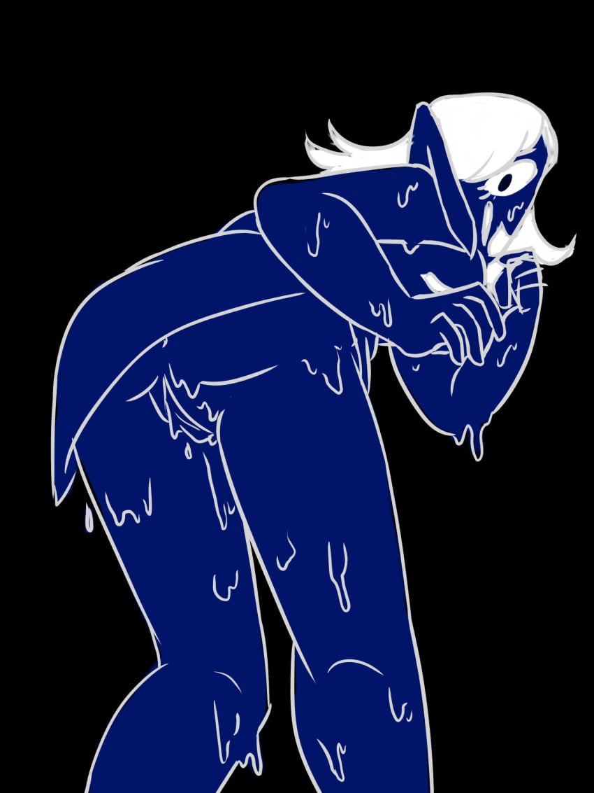 amaranthinity blue_body blue_skin deltarune looking_at_viewer looking_back pussy rouxls_kaard trans_man transmasc wet wet_pussy white_hair