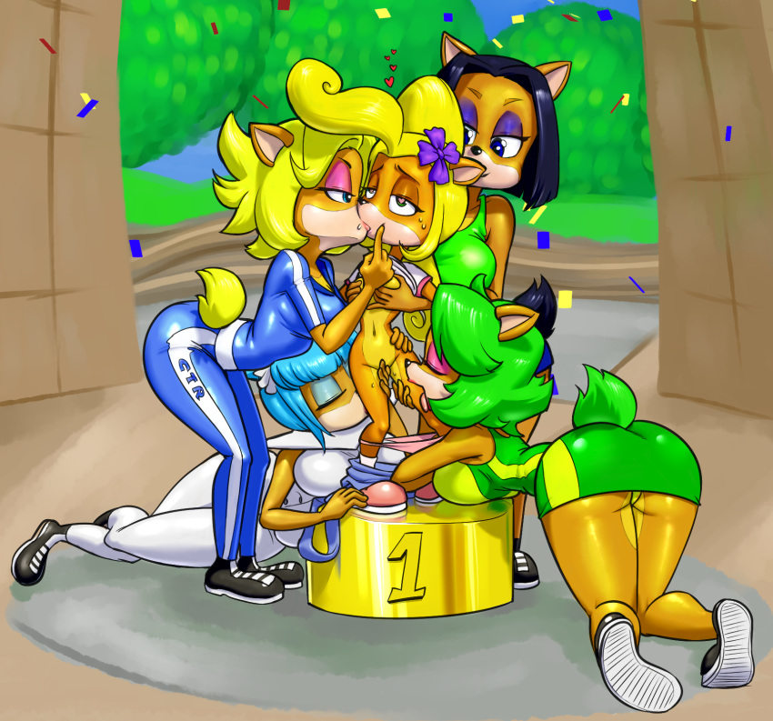 <3_eyes ami_bandicoot anthro ass bandicoot bottomwear breast_grab breast_size_difference breasts cleavage closed_eyes clothed clothing coco_bandicoot colored confetti crash_(series) female footwear grabbing_from_behind grope group hair_ribbon hairbow half-closed_eyes hand_on_breast hand_on_thigh harem heart hi_res isabella_bandicoot kissing kneeling licking liz_bandicoot makeup mammal mario-grant marsupial megumi_bandicoot naughty_dog navel panties panties_down panty_shot podium race_queen raised_clothing raised_shirt ribbons shirt shoes skirt smile sony_corporation sony_interactive_entertainment standing sweat tongue tongue_out topwear underwear undressing video_games worship yuri