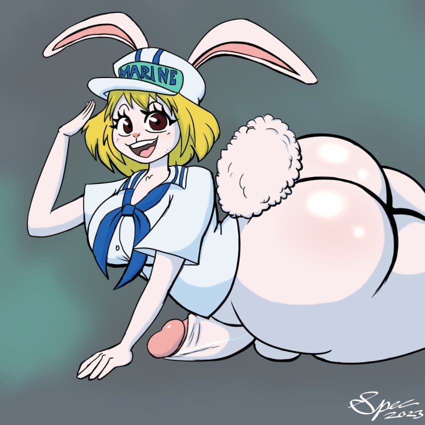 2023 aged_up anthro artist_name ass balls big_breasts big_butt big_penis big_tail black_eyebrows blonde_hair bottomless breasts brown_eyes carrot_(one_piece) clothed clothing cravat eyebrows fur futanari genitals gesture gynomorph hair hat headgear headwear hi_res huge_butt humanoid_genitalia humanoid_penis intersex lagomorph leporid long_ears lying mammal on_front one_piece open_mouth open_smile penis pink_inner_ear pink_nose pink_tongue pupils rabbit salute scut_tail shirt short_hair short_tail smile solo specnsfw spectatostudios tail teeth teeth_showing text thick_thighs tongue topwear watermark white_body white_ears white_fur white_tail