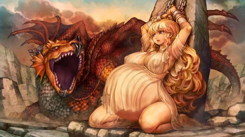 armpits arms_up bangle bangs belly big_belly blonde_hair blue_eyes bracelet breasts chained_wrists chains cleavage clothing cloud crying crying_with_eyes_open cuffs dark_nipples dracophilia dragon dragon's_crown dress female game_cg highres human jewelry kneeling lactating lactation lactation_through_clothes large_breasts long_hair looking_at_another monster on_ground open_mouth pelvic_curtain pregnant princess_meriad ready_to_pop restrained rock scales see-through shackles sharp_teeth shawl shigatake slave tears teeth third-party_edit wavy_hair wrist_wraps