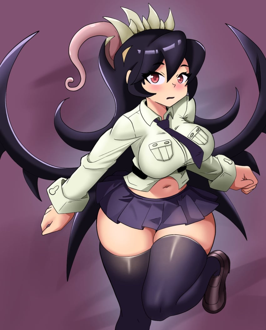 big_ass big_breasts big_thighs big_titties black_hair black_necktie breasts chubby chubby_female curvaceous curvaceous_female curvaceous_figure curvy curvy_female curvy_figure curvy_hips female female_focus filia_(skullgirls) hatzuhatzu huge_thighs long_hair necktie necktie_between_breasts pouting red_eyes school_uniform skullgirls thick_thighs thigh_highs wide_hips