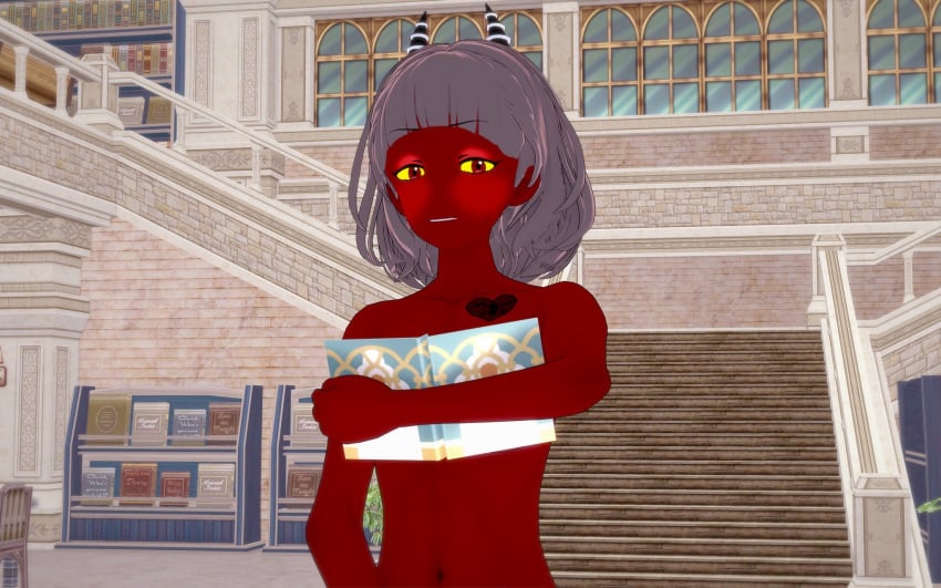 3d 3d_(artwork) 3d_background blind_peacock_draws blind_peacock_draws_(artist) book book_covering_breasts church church_interior commission commission_art commissioner_upload covering covering_breasts demon demon_girl demon_horns ecuadorian hazbin_hotel hazbin_hotel_oc helluva_boss helluva_boss_oc horns latina latina_female original original_art original_artwork original_character original_female_character oro_(blindpeacockdraws) red_eyes red_skin retropunch yellow_eyes