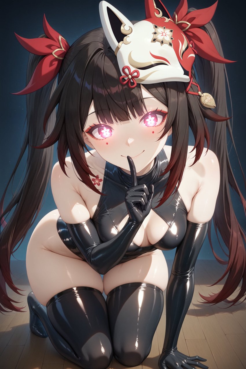 ai_generated aimoonshine all_fours arm_support bare_shoulders black_footwear black_gloves black_hair black_leotard black_thighhighs blush boots breasts brown_hair cleavage cleavage_cutout closed_mouth clothing_cutout elbow_gloves eye_tattoo female finger_to_mouth flower-shaped_pupils flower_tattoo fox_mask full_body gloves glowing glowing_eyes gradient_hair hair_ribbon hand_on_floor hand_up highleg highleg_leotard honkai:_star_rail honkai_(series) index_finger_raised kneeling latex latex_gloves latex_legwear leaning leaning_forward leotard long_hair looking_at_viewer mask mask_on_head medium_breasts mihoyo multicolored_hair pink_eyes red_hair red_ribbon ribbon shiny_clothes shushing skindentation small_breasts smile solo sparkle_(honkai:_star_rail) symbol-shaped_pupils tattoo thick_thighs thigh_boots thigh_gap thighhighs thighs turtleneck turtleneck_leotard twintails very_long_hair wooden_floor