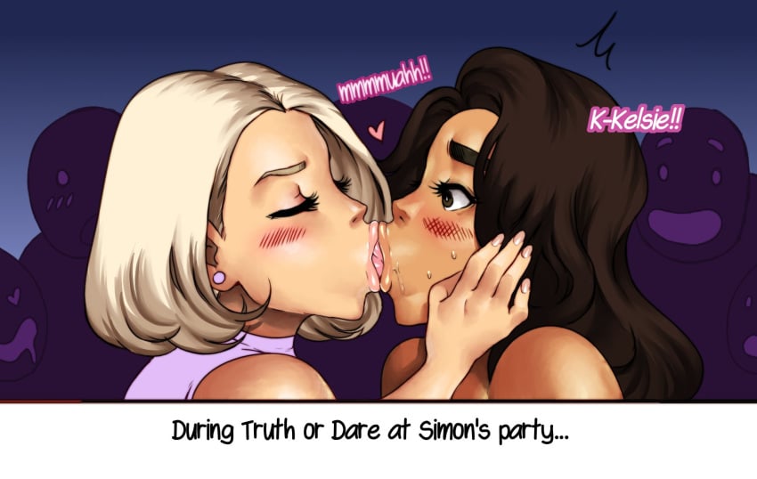 2girls :>= blonde_hair blush carmen_and_kelsie carmen_marvello closed_eyes dark_hair drooling female female_only french_kiss jay-marvel kelsie_daniels kissing latina lips long_hair multiple_girls short_hair surprise_kiss text tongue tongue_kiss tongue_swirling truth_or_dare yuri