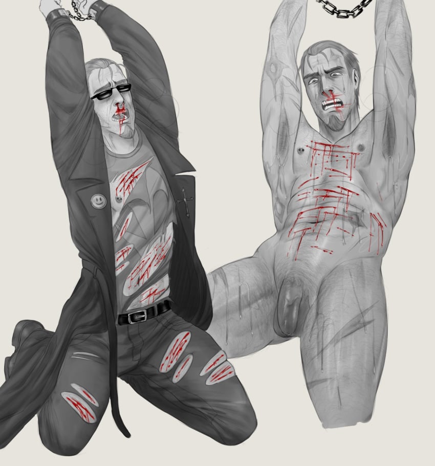 1boy blood_drip blood_stain bound bound_arms bound_wrists chained chained_up chained_wrists chains cuts cuts_on_thighs devilsp3rm dubious_consent flaccid flaccid_penis knife_play male malesub masochism masochist masochistic_male penis postal_(series) postal_dude sadism submission submissive submissive_male tied_up veiny_penis