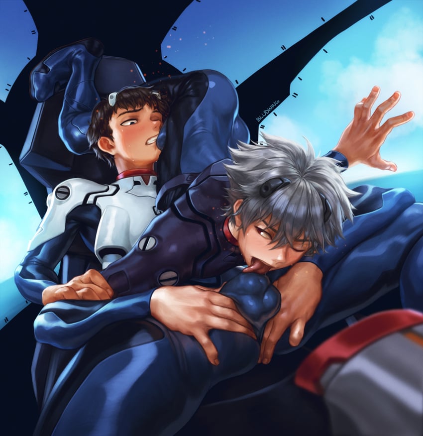 69 biting bludwing bodysuit clothed cockpit gay kaworu_nagisa licking licking_penis neon_genesis_evangelion shinji_ikari yaoi