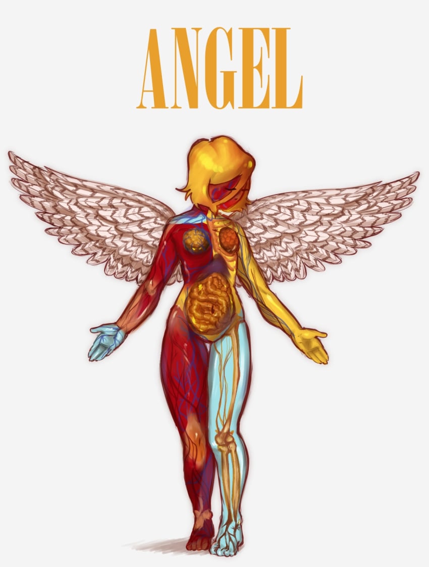 4_toes 5_fingers album_cover album_redraw angel angel_humanoid angel_martinez blonde_hair bob_cut bone breasts clinical_trial closed_eyes cover fat_tissue feathered_wings feathers featureless_breasts featureless_crotch feet female fingers gore guts hair hi_res humanoid in_utero_(album) intestines mouthless navel nirvana nonbinary_(lore) not_furry organs rinny_pie skeleton solo standing toes translucent translucent_body translucent_skin vein winged_humanoid wings