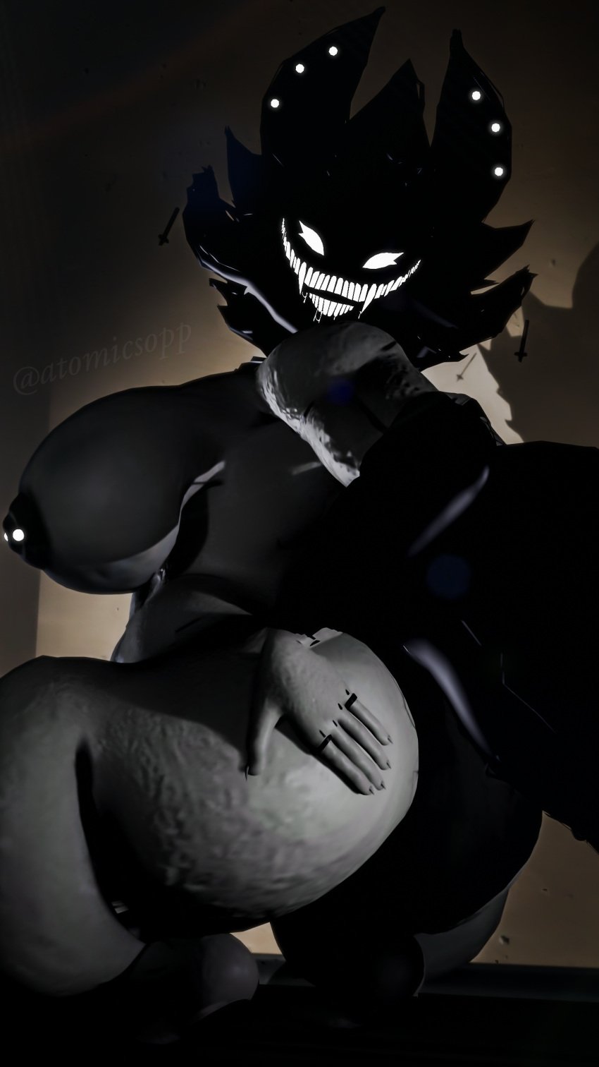 3d_(artwork) absurd_res accessory ace_rattman anthro arms ass atomicsopp_sfm backrooms backrooms_creature big_breasts big_butt black_body breasts curvy_figure digital_media_(artwork) ear_piercing female hands_behind_back hi_res humanoid karelia_(ace_rattman) karelia_(acerattman) looking_at_viewer looking_back mammal monster nipple_piercing nipples nude piercing shadow smile smiler_(the_backrooms) smiling_at_viewer solo source_filmmaker_(artwork) tail the_backrooms touching_butt voluptuous voluptuous_anthro voluptuous_female white_eyes
