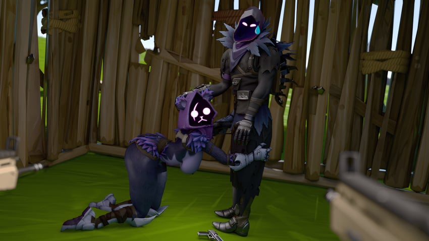 bear caught caught_in_the_act cooked duo duo_focus embarrassed embarrassed_nude_female embarrassed_nude_male gun hiding interrupted raven_(fortnite) raven_team_leader scared shocked shocked_eyes worry