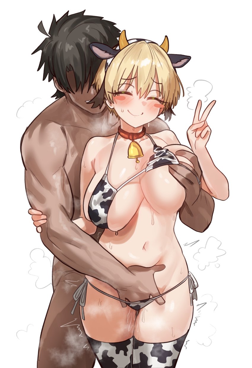 1boy absurdres animal_ears animal_print bell bikini black_hair blonde_hair blush breasts closed_eyes cow_ear_hairband cow_print cow_print_bikini cow_print_thighhighs cowbell ebora fake_animal_ears fate/grand_order fate_(series) female fingering gareth_(fate) grabbing_another&#039;s_breast groping hand_up highres large_breasts male navel non-web_source print_bikini print_thighhighs pussy_juice short_hair smile swimsuit thighhighs v