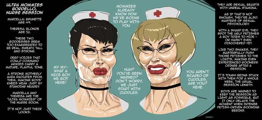 blonde_hair brown_hair caption choker female female_only femdom glasses mature_female meaty_face mommy muscular muscular_face nurse nurse_uniform prostitute prostitution red_lips sweating vkorg