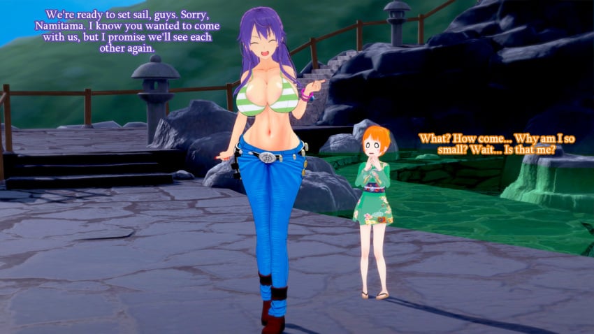 attribute_swap attribute_theft belly bra breasts_bigger_than_head cleavage closed_eyes english_text happy hourglass_figure huge_breasts jeans kimono koikatsu kurozumi_tama life_swap light-skinned_female light_skin long_hair mrvic52 nami_(one_piece) navel one_piece open_mouth orange_hair purple_hair short_hair