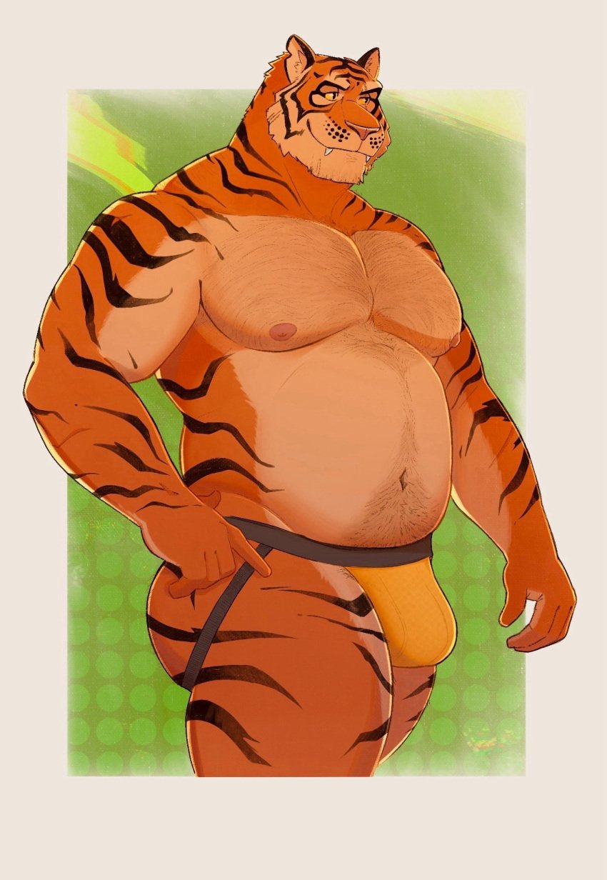 2025 anthro areola barazoku belly biceps big_bulge big_muscles body_hair border bulge chest_hair clothed clothing epic_games felid fortnite fur green_background hand_on_hip happy_trail hi_res huge_muscles jockstrap jockstrap_only male mammal manly musclegut muscular muscular_anthro muscular_male navel nipples notched_ear oscar_(fortnite) pantherine pecs pubes scar simple_background smile solo standing teeth thick_arms thick_thighs tiger topless topless_anthro topless_male tuft underwear underwear_only white_border zcdartz