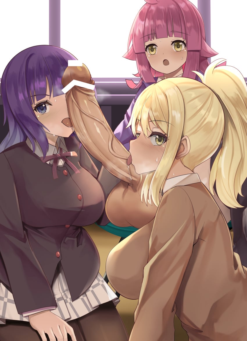 1futa 2girls asaka_karin big_penis blonde_hair blowjob blue_hair breasts censored cock cooperative_fellatio erection fellatio female futa_with_female futanari huge_breasts huge_cock intersex licking_penis love_live! love_live!_nijigasaki_high_school_idol_club medium_hair miyashita_ai penis pink_hair tennouji_rina zad_orein