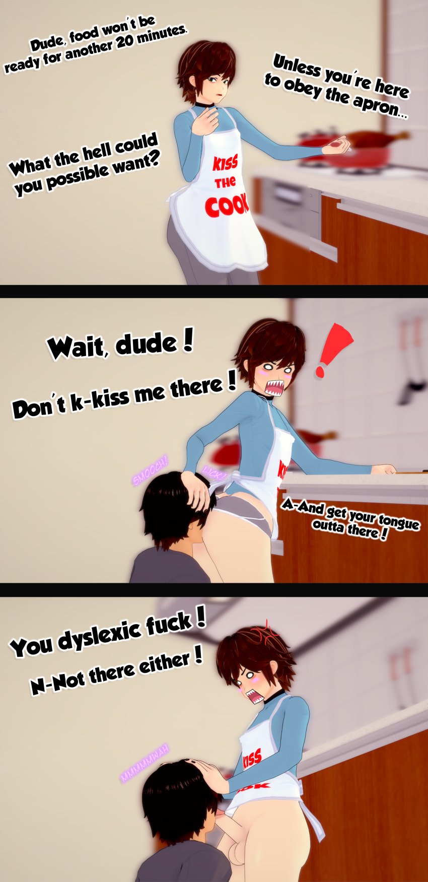 2boys 3d angry_face apron balls bare_ass big_ass blush brat brown_hair choker comic english_text femboy green_eyes kissing kissing_penis koikatsu male penis rimming testicles text underwear yaoi