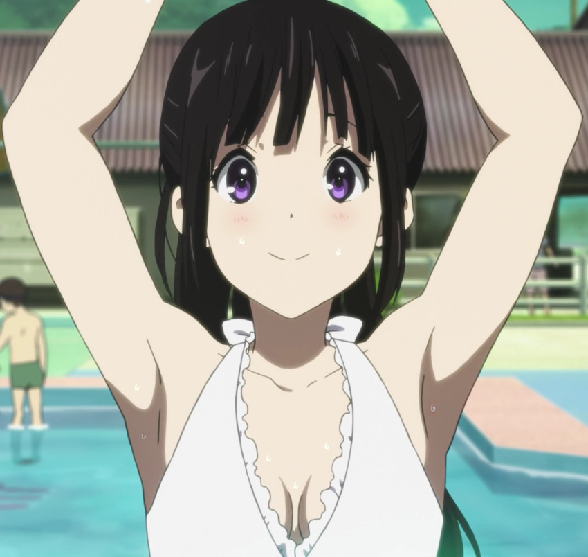 10s 1boy anime_screencap armpits arms_up bikini black_hair breasts chitanda_eru closed_mouth edit female hyouka long_hair looking_at_viewer male pale_skin ponytail pool purple_eyes screencap side-tie_bikini smile sweat swimsuit white_bikini
