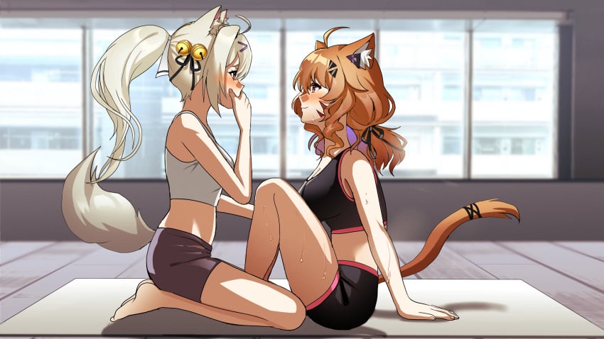 blonde_hair breasts cat_ears cat_tail catgirl face_markings female female_only filian filian_(vtuber) indie_virtual_youtuber indoors red_eyes squchan_(vtuber) virtual_youtuber vyugen