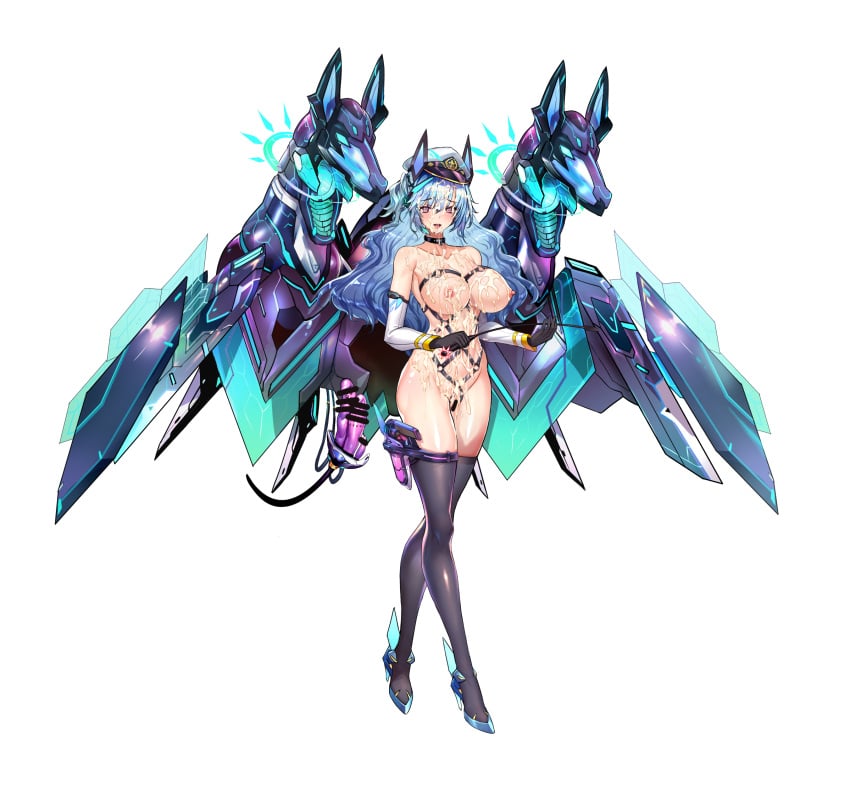 animal_ears bar_censor black_gloves black_thighhighs blue_footwear blue_hair breasts censored chinese_commentary cum cum_on_body cum_on_breasts cum_on_hair detached_sleeves dildo facial fake_animal_ears female gloves high_heels highres holster jackal_ears jacket long_hair looking_at_viewer nipples non-humanoid_robot purple_eyes q_azieru robot robot_animal sex_toy simple_background solo star_lusts thigh_holster thigh_strap thighhighs variant_set white_background