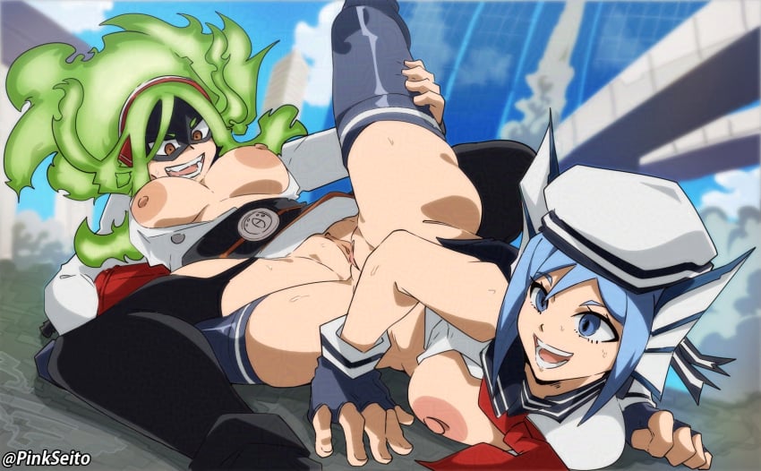 2024 2girls areolae artist_name big_breasts blue_eyes blue_hair breasts breasts_out brown_eyes burnin_(my_hero_academia) busty calves clitoral_hood clothed clothed_female clothing duo female female/female female_only fingerless_gloves functionally_nude genitals gloves green_hair hair handwear human human_only labia large_areolae large_breasts leg_grab leg_lift leg_up legs_apart legwear light-skinned_female light_skin long_hair mask medium_hair moe_kamiji multiple_girls my_hero_academia nipples on_back on_ground on_stomach open_clothes open_mouth open_shirt outdoors partially_clothed pinkseito pussy raised_leg scissoring sirius_(my_hero_academia) smile smiling sweat sweatdrop sweating teeth thighhighs thighs tongue tribadism vagina yuri