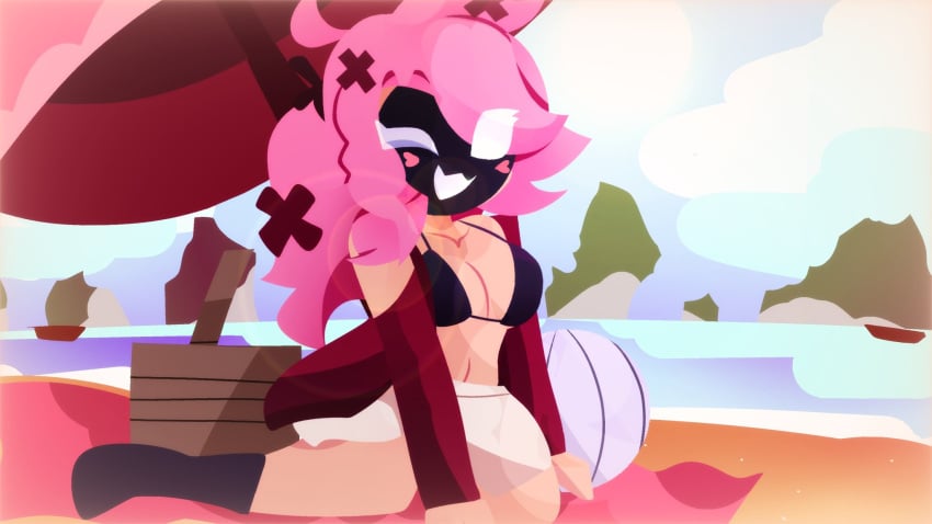 1girls beach big_breasts big_eyes black_socks blush bra breasts color colored female female_focus female_only happy happy_expression legs legs_apart long_hair looking_at_viewer mask masked masked_female messy_hair pink_hair red_shirt red_sleeves rivergravidade rivergravidade_commission shirt sitting skirt sleeves sleeves_past_elbows socks stomach sun_umbrella white_eyes white_skirt wide_mouth