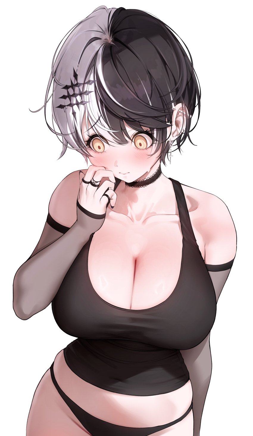 1girls big_breasts black_hair blush breasts cleavage cute female female_only flustered hi_res hololive hololive_english hololive_english_-advent- huge_breasts large_breasts light-skinned_female light_skin prab shiori_novella short_hair shy solo tank_top virtual_youtuber white_hair yellow_eyes