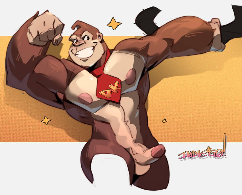 anthro arts_of_indiego balls digital_drawing_(artwork) digital_media_(artwork) donkey_kong donkey_kong_(series) erection fur genitals hi_res humanoid_genitalia humanoid_penis male mammal necktie nintendo penis primate simple_background solo